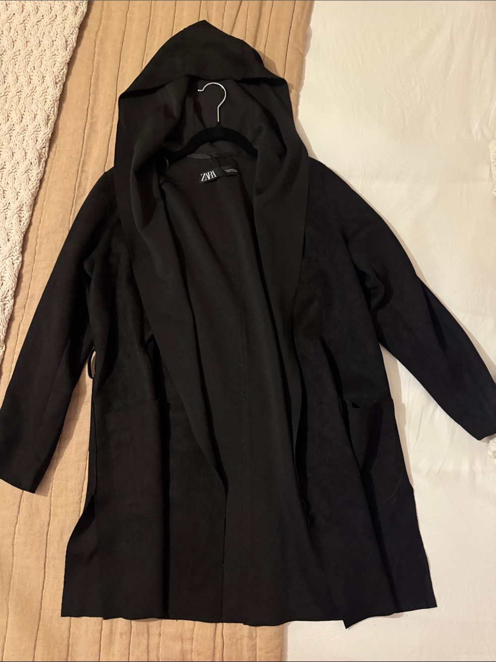 Zara Black Hooded Suede-feel Coat